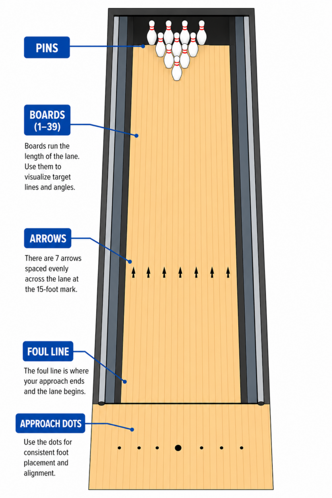 Bowling lane diagram showing boards, arrows, dots, and pin layout