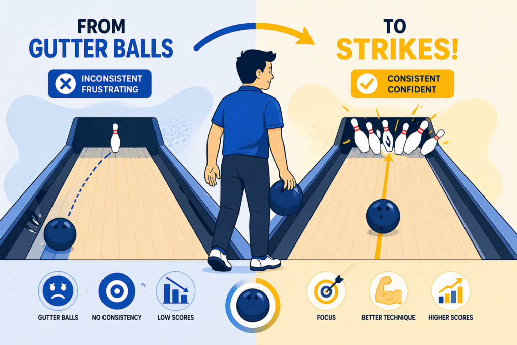 beginner bowler improving from gutter balls to hitting strikes