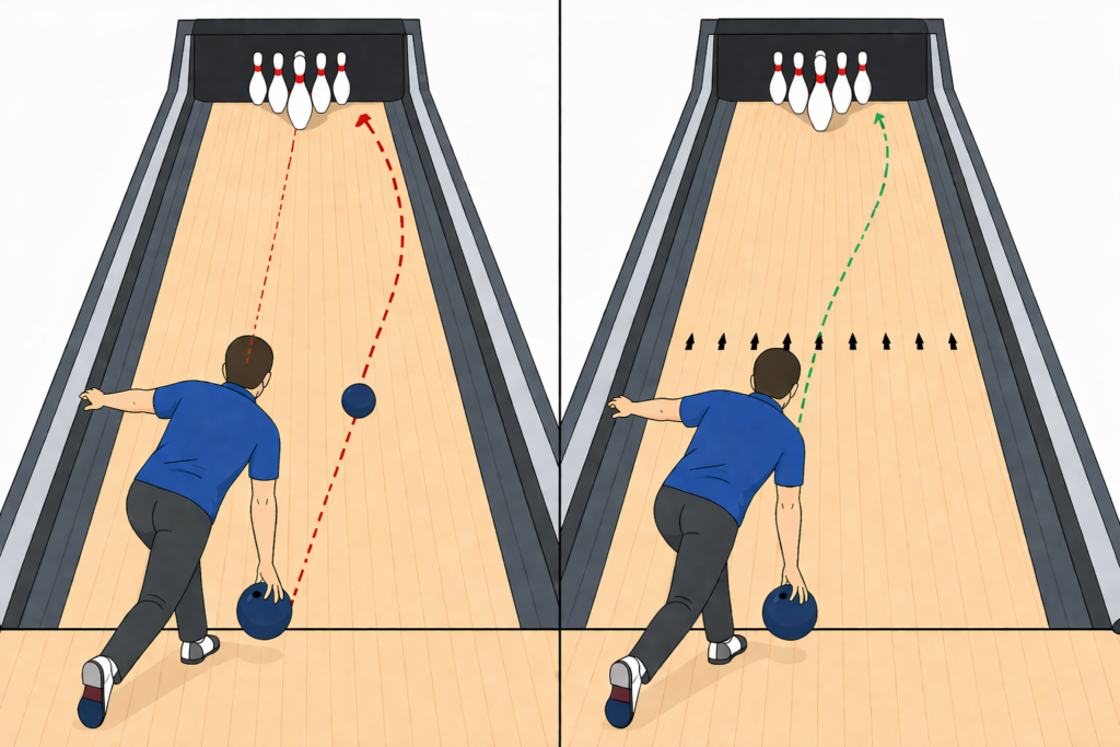Comparison of aiming at pins versus aiming at arrows in bowling