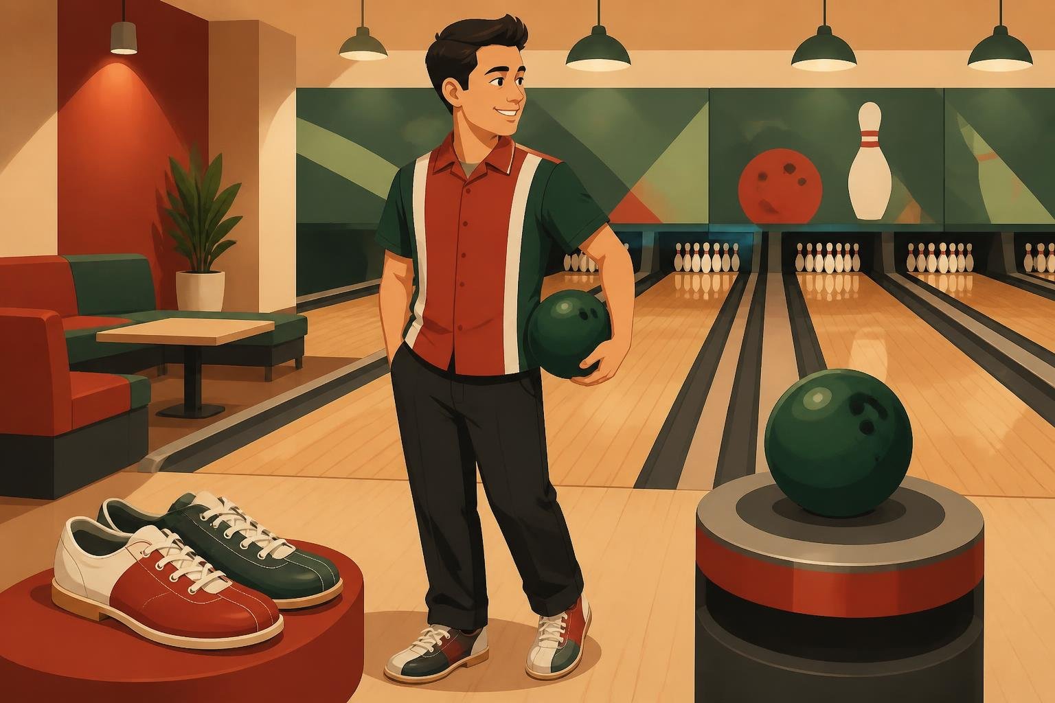 Illustration of a beginner bowler with shoes, ball, and comfortable clothes.