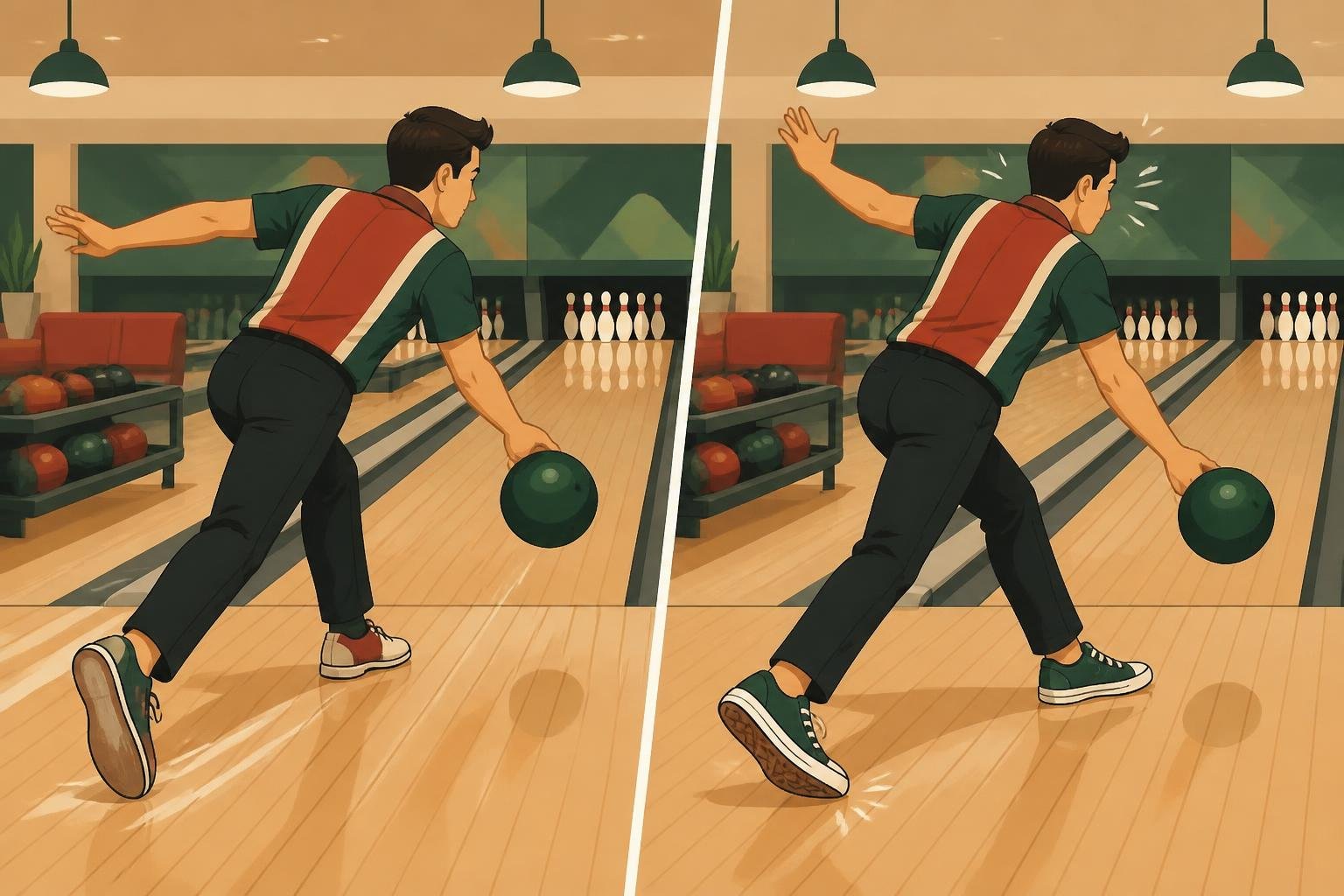 Illustration comparing a smooth slide in bowling shoes with a sticky step in sneakers.