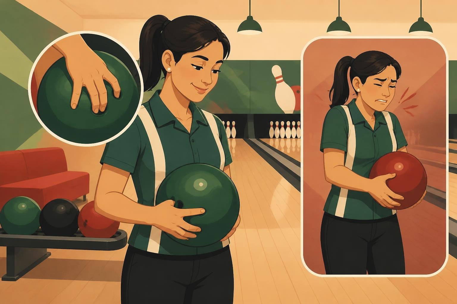 Illustration of a bowling ball fitting comfortably in a bowler's hand.