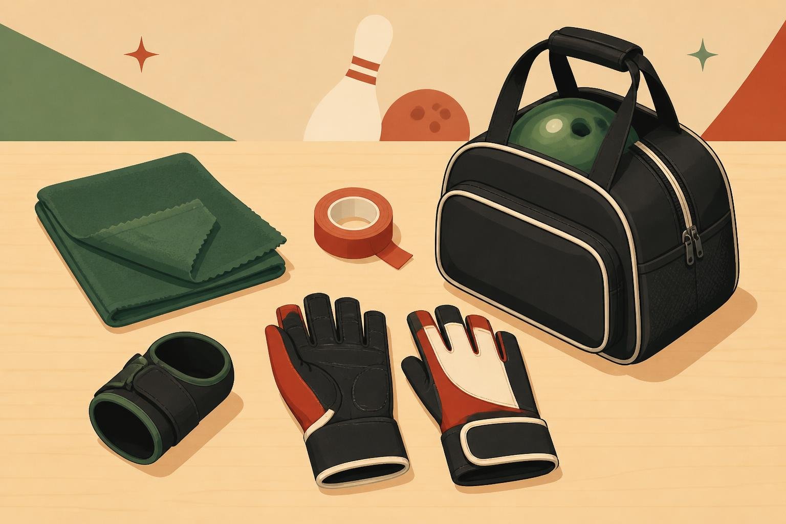 Illustration of common bowling accessories laid out neatly.