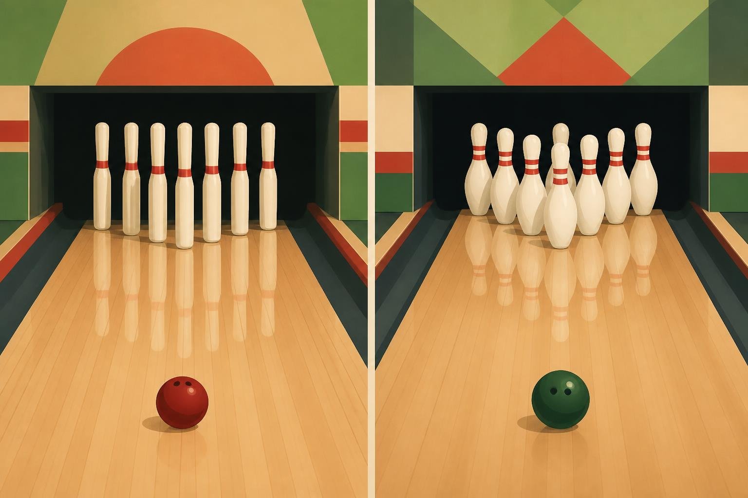 What Is Bowling With a Small Ball Known as? Candlepin vs. Duckpin 3 Side-by-side bowling scenes showing tall candlepin pins and shorter duckpin pins.