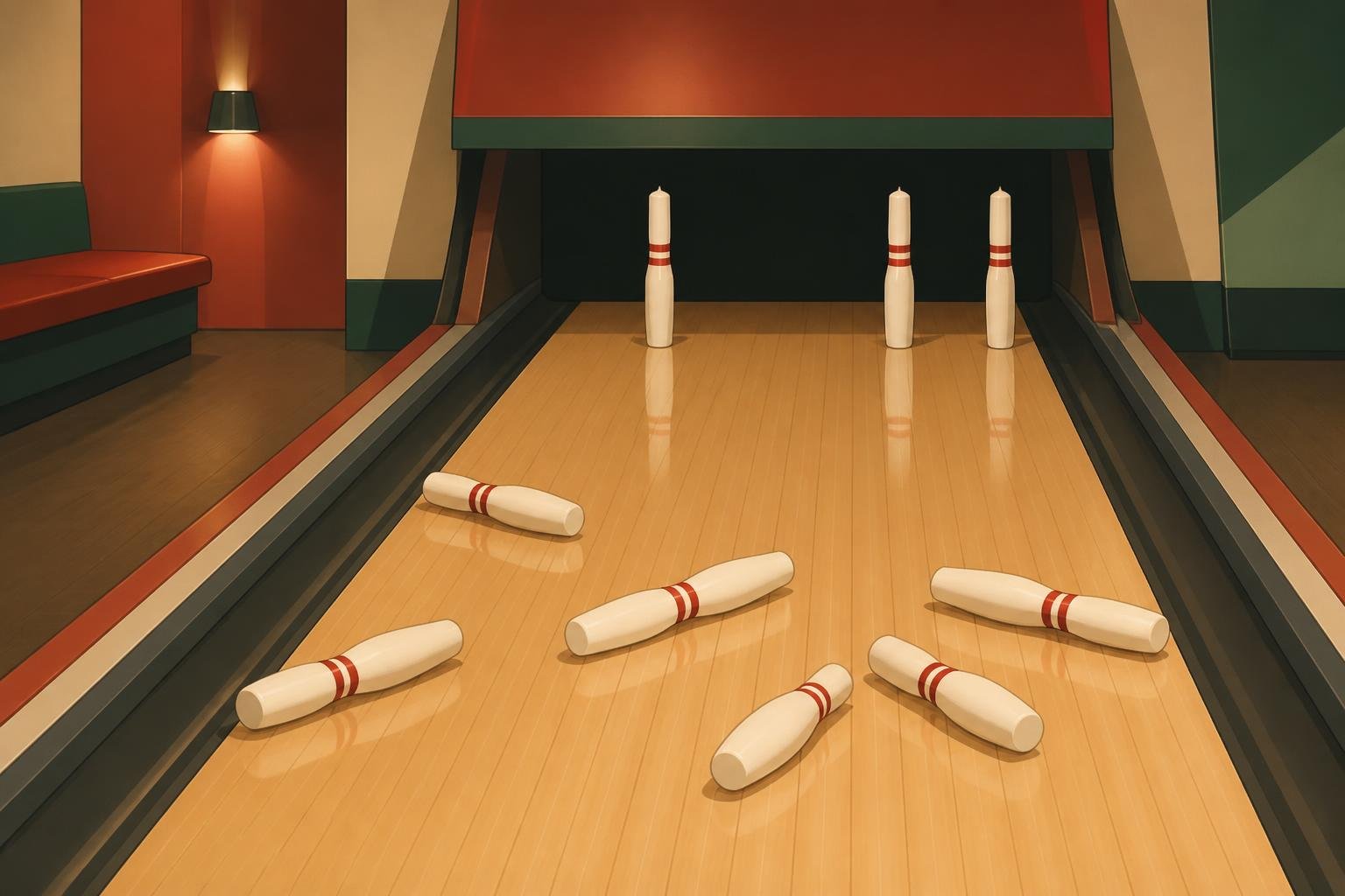 What Is Bowling With a Small Ball Known as? Candlepin vs. Duckpin 5 A candlepin lane with fallen pins still sitting on the lane in front of standing pins.