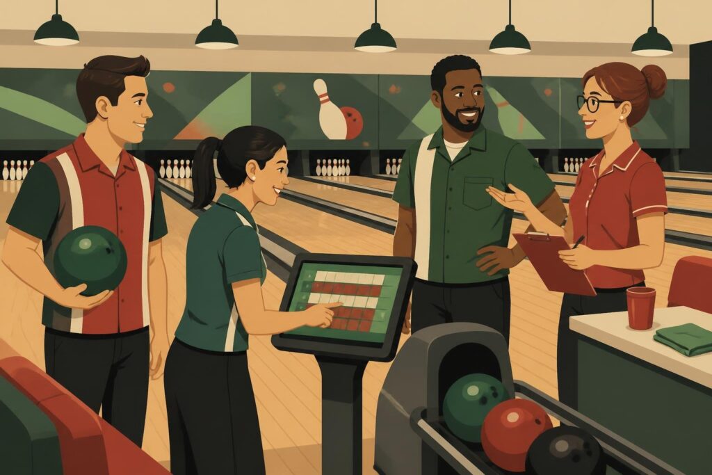 Illustration of bowlers arriving for league night in a bowling alley.