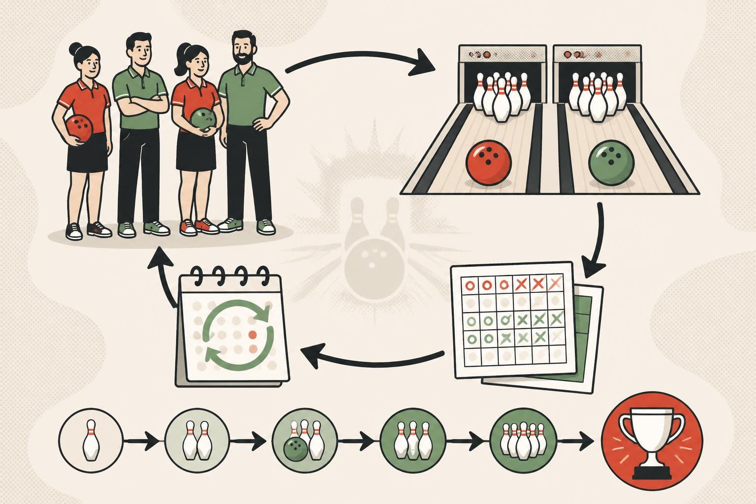 Diagram showing a bowling league as a weekly team season with matchups and scores.