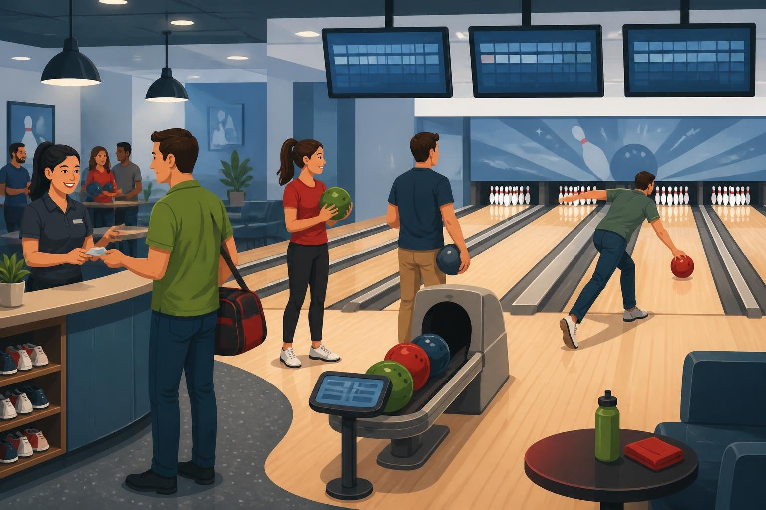 Illustration showing check-in, warmup, and bowling on a first league night.