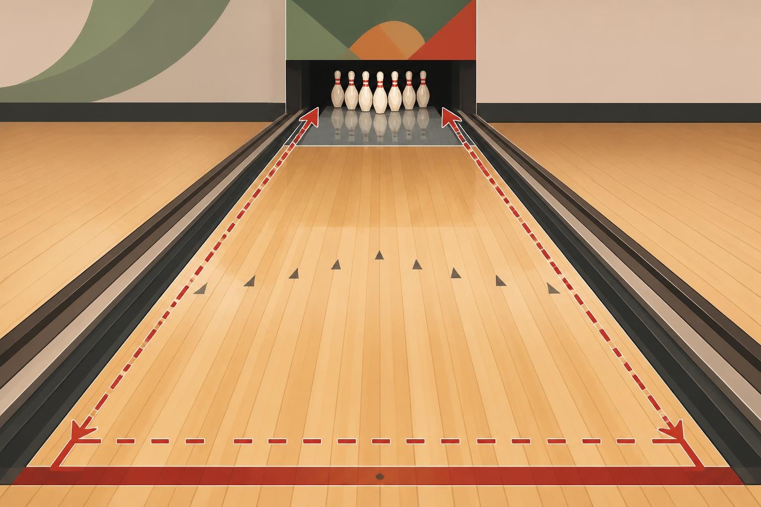 Illustration of a bowling lane showing the foul line, lane surface, and pins at the far end.