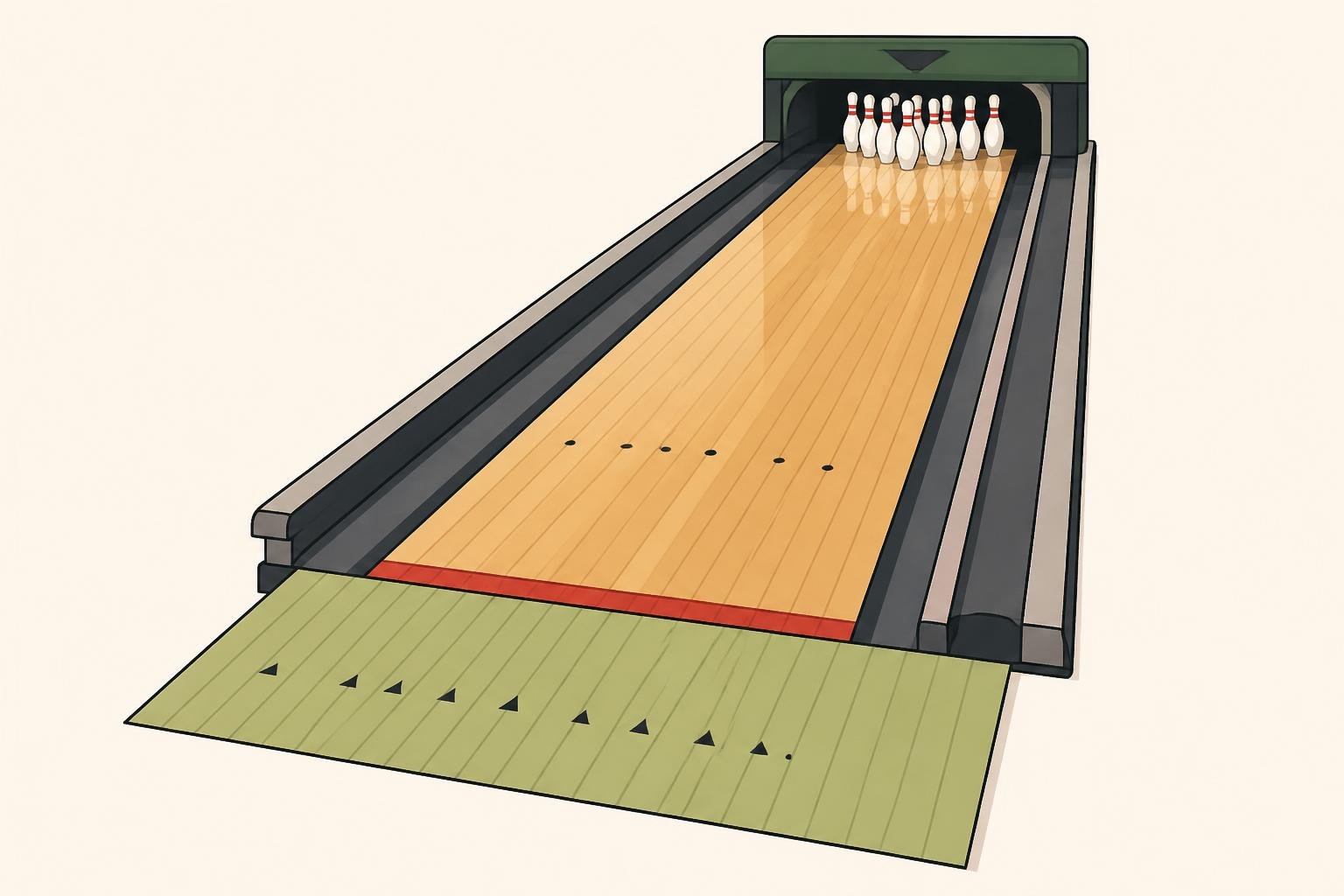 Diagram showing the approach, foul line, lane surface, gutters, and pin deck.