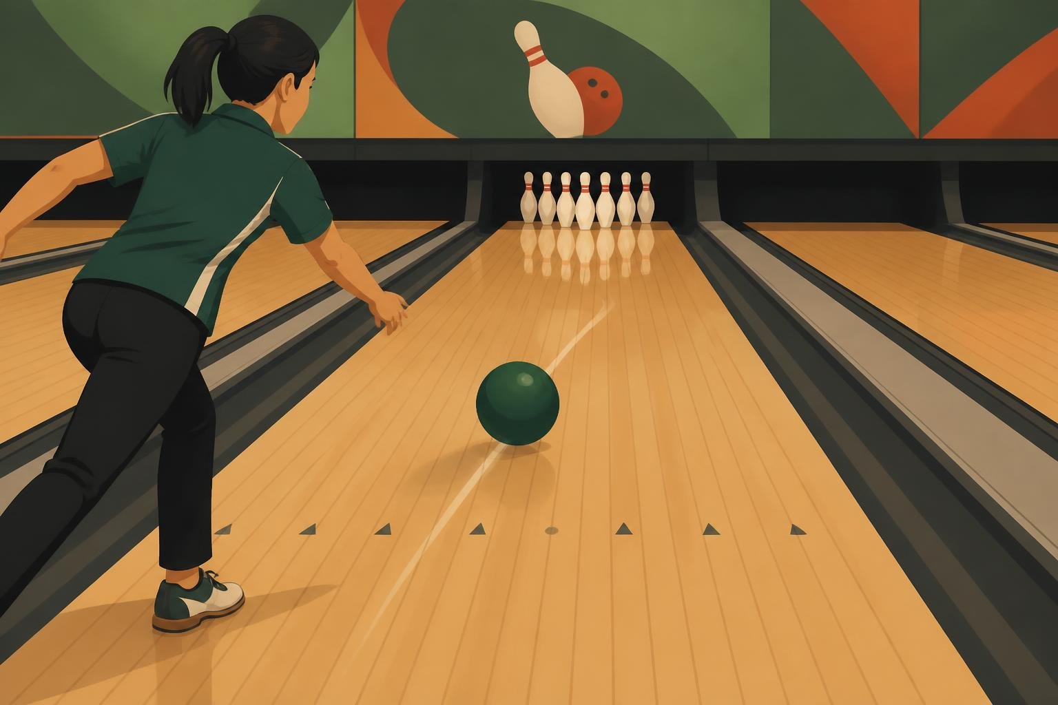 Bowler aiming at an arrow on the lane while the ball rolls toward the pins.