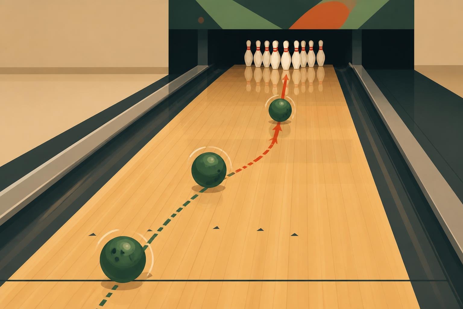 Diagram of a bowling ball skidding, hooking, and rolling down the lane.