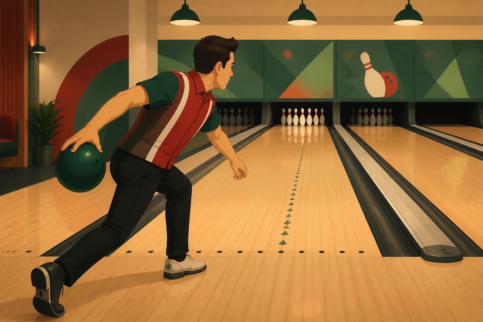 Bowler standing on the approach and looking toward an arrow target on the lane.