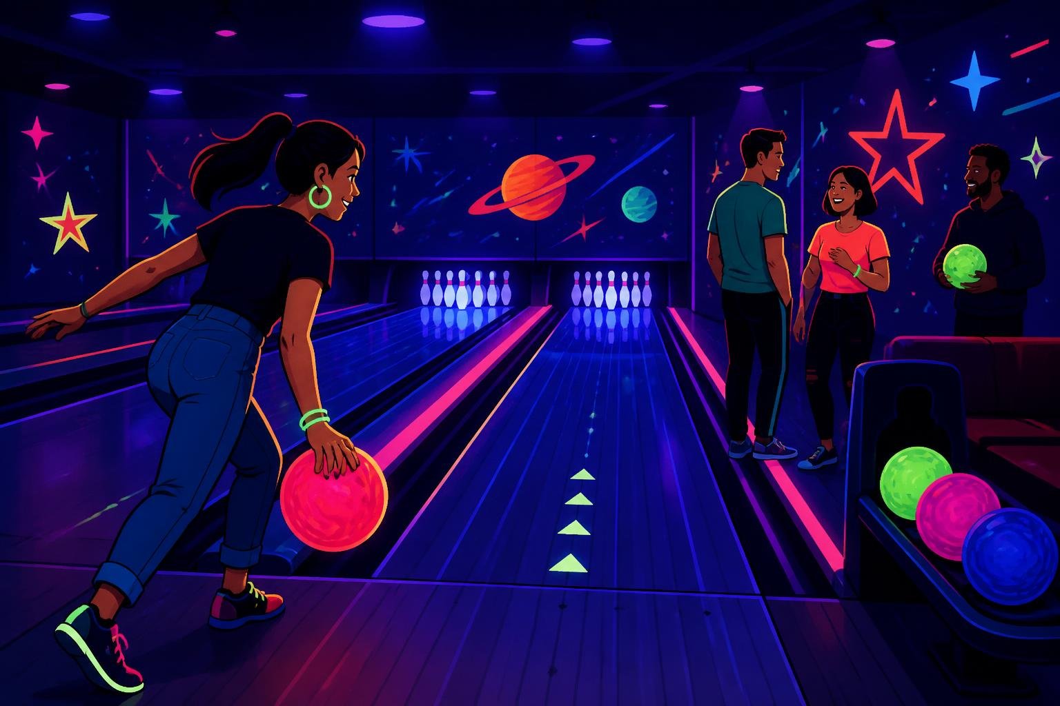 A bowling lane glowing under black lights with colorful lane accents and illuminated pins.