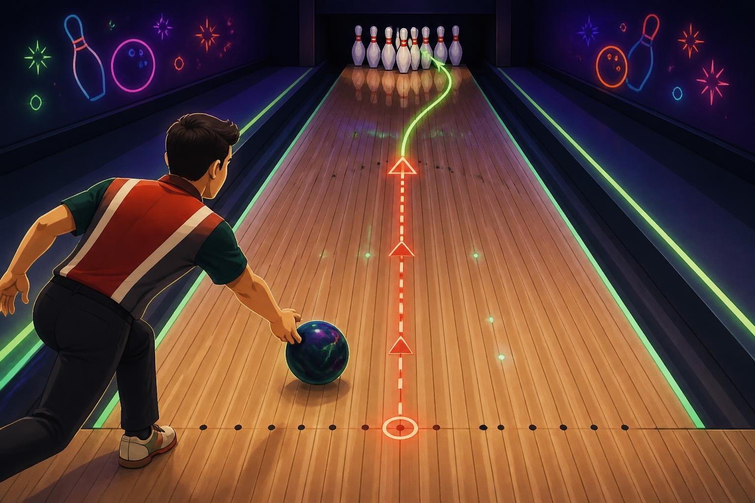A bowling lane diagram showing a ball path aimed at the lane arrows and toward the pocket.