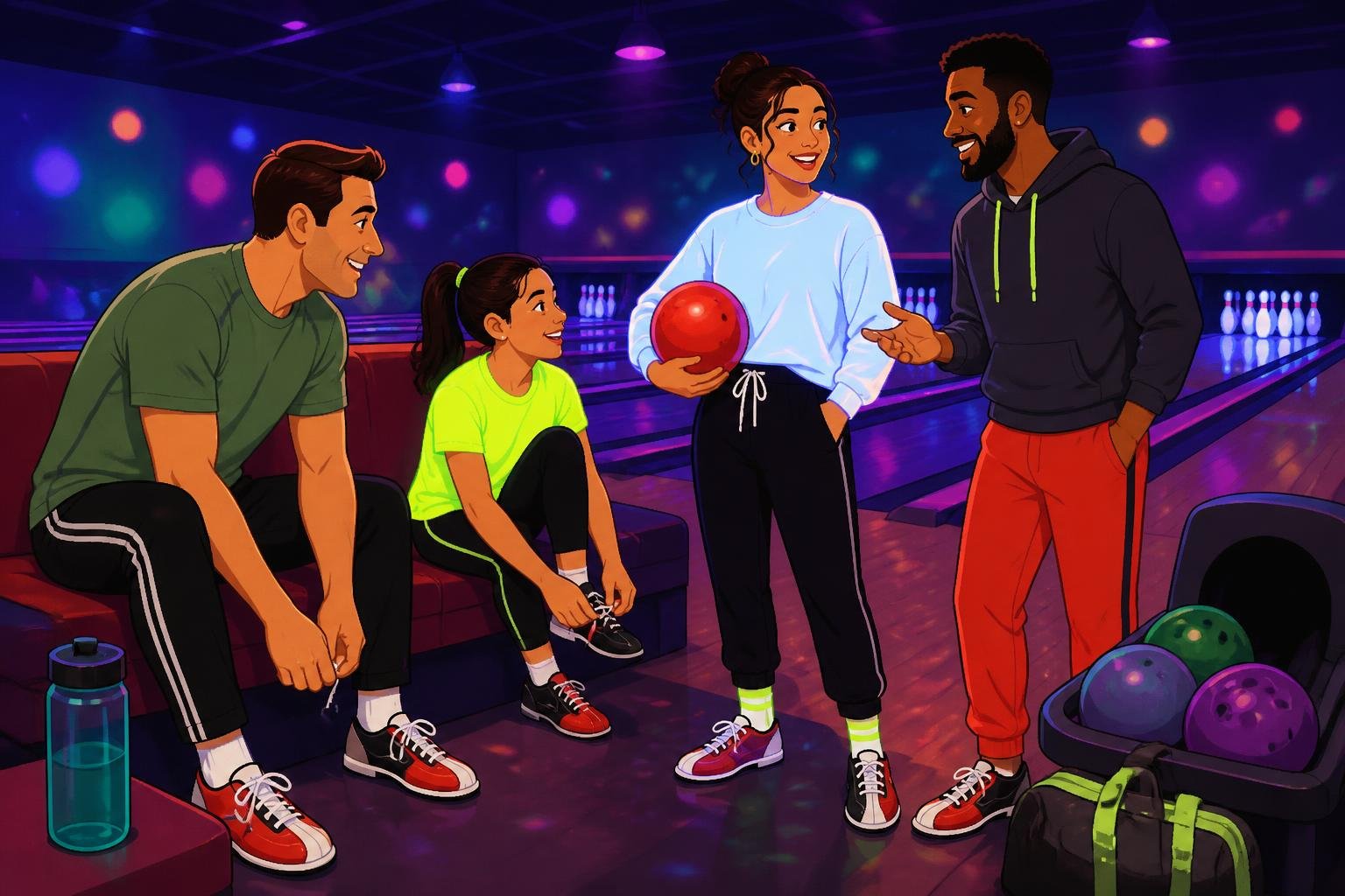 A family and a few friends getting ready for a glow bowling night with shoes, a ball, and casual clothing.
